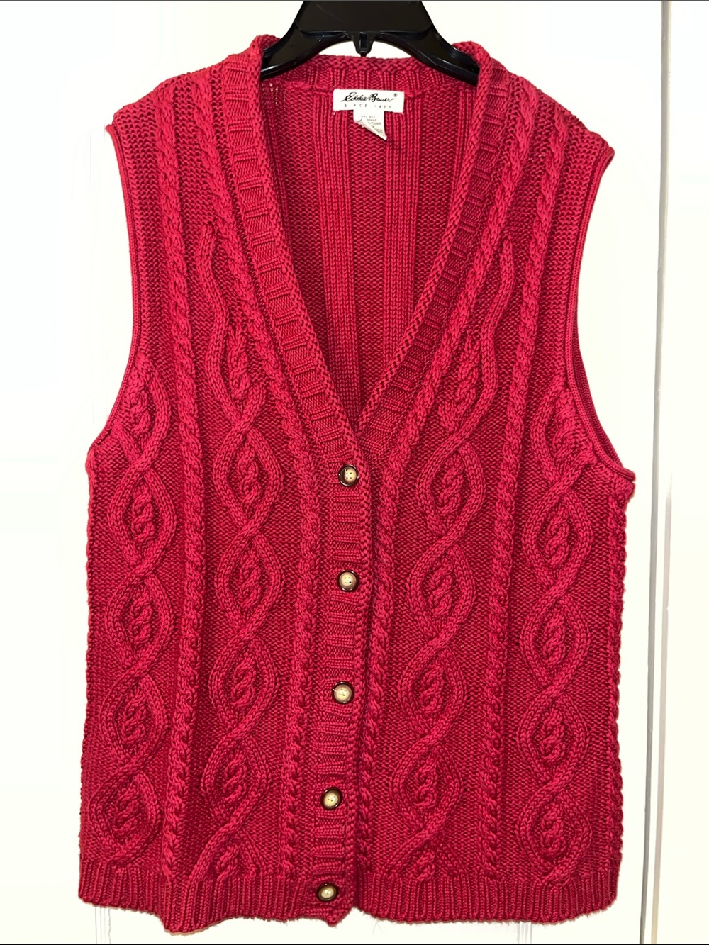 Eddie Bauer Red Cable-Knit Sleeveless Button Cardigan